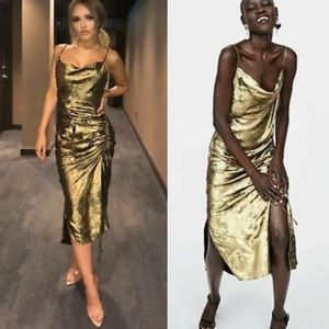 NWT Zara gold metallic cami slip dress S
